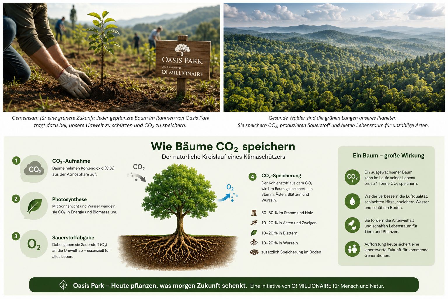 Infografik: Wie Bäume CO₂ speichern – Aufforstungsprojekt Oasis Park von O! Millionaire