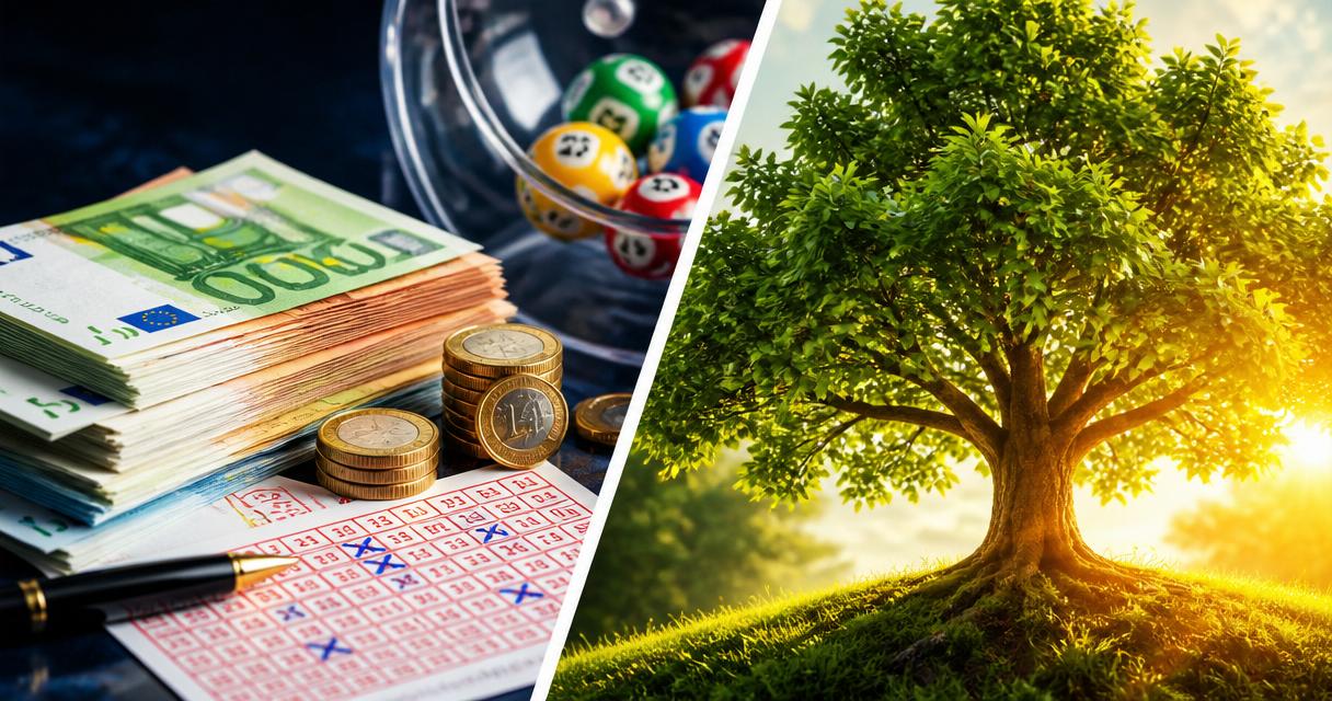 Illustration: Lottoschein wird zu einem grünen Baum mit Münzen – Symbol für nachhaltige Lotterien