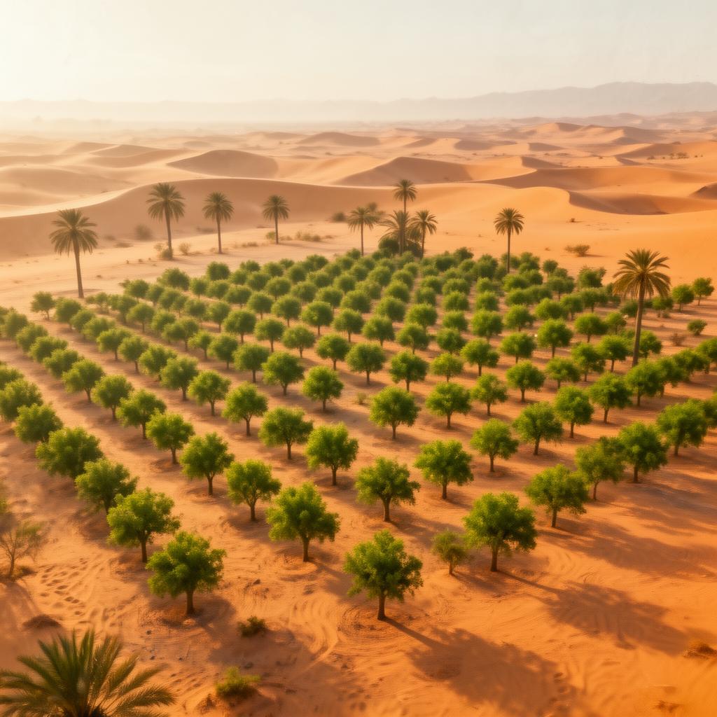 Luftaufnahme junger grüner Bäume im Oasis Park im Oman bei Sonnenaufgang